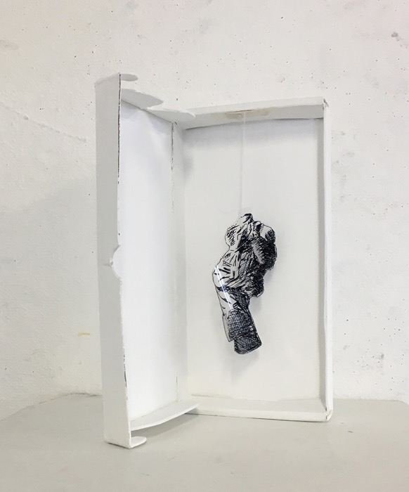 Inside the box, 2020, H22 x W11 x D11 cm, fine-liner drawing on plastic in cardboard box