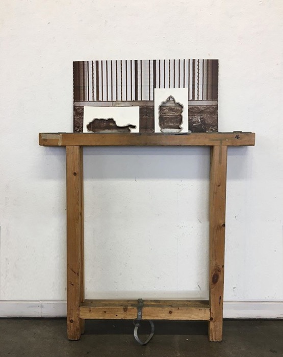 sitting in front of wall, 2020, H26 x W53 x D3 cm), small installation with digital print and cardboard cut-outs