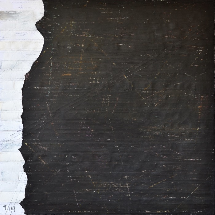 Under the stairs 4, 2019, stitched mixed media collage on canvas
